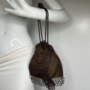 Vintage Suede and Beaded Crochet Leather Lined Cinch Handbag